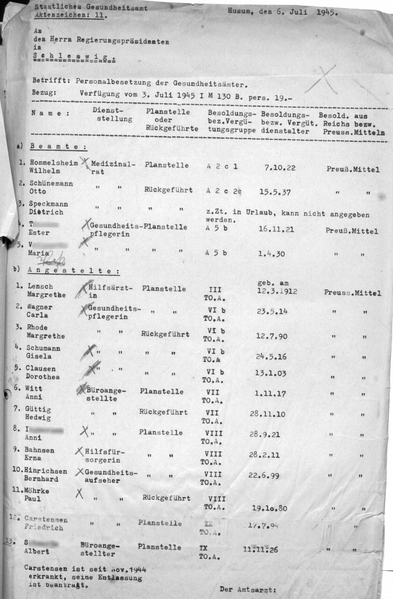 Die Personalliste des Gesundheitsamtes stellte Hommelsheim für den Regierungspräsidenten in Schleswig zusammen. Im Juli 1945 war dieser der britischen Militärverwaltung untergeordnet. [Landesarchiv Schleswig-Holstein | Abteilung 320.9 | Nr. 1841]