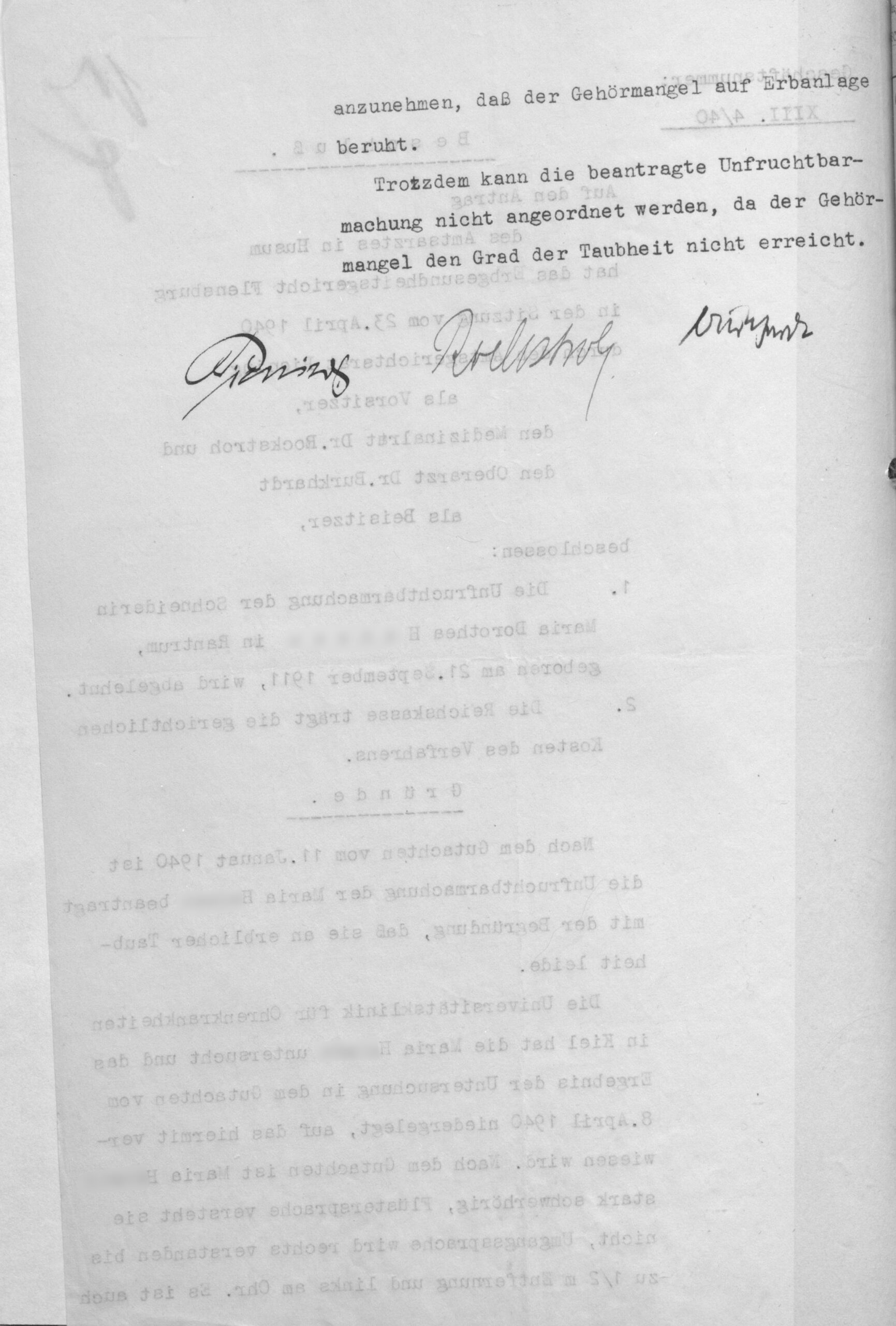 Am 23. April 1940 lehnte das Erbgesundheitsgericht Flensburg die Sterilisation von Marie H. ab. Dabei berief es sich auf das Gutachten der Kieler Universitäts-Ohrenklinik. [Kreisarchiv Nordfriesland]