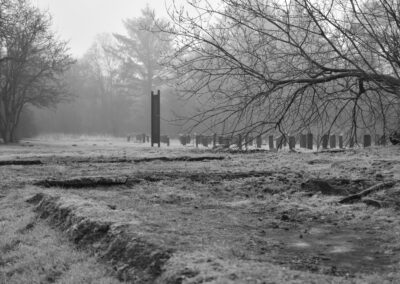 Die Schwarz-Weiß-Fotografie zeigt vorne mehrere kleinere, steinerne Erhebungen auf einer Wiese. Dahinter ist das Stelenfeld der KZ-Gedenkstätte Husum-Schwesing zu erkennen, darüber hinaus Bäume.